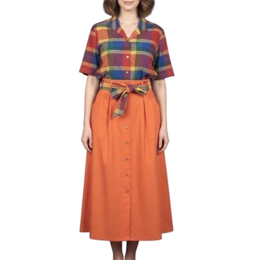 Nwt Vtg OUTFIT Skirt Shirt SET Orange RETRO Plaid A-Line Button-Up Top 10/M
